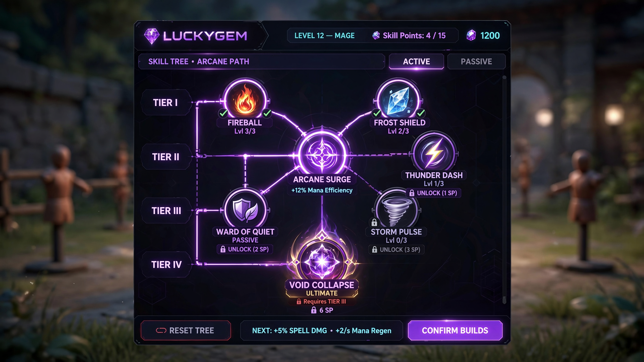 Luckygem skill tree and ability menu UI